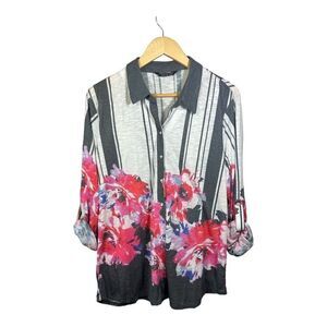 TANGO MANGO Women’s Snap Down Resort Wear Floral Blouse Pink/Gray Extra Large